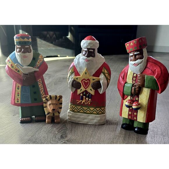 Estate Other - 3 Vintage Painted Folk Art Christmas African / Brown Santa Figures Decor 10"